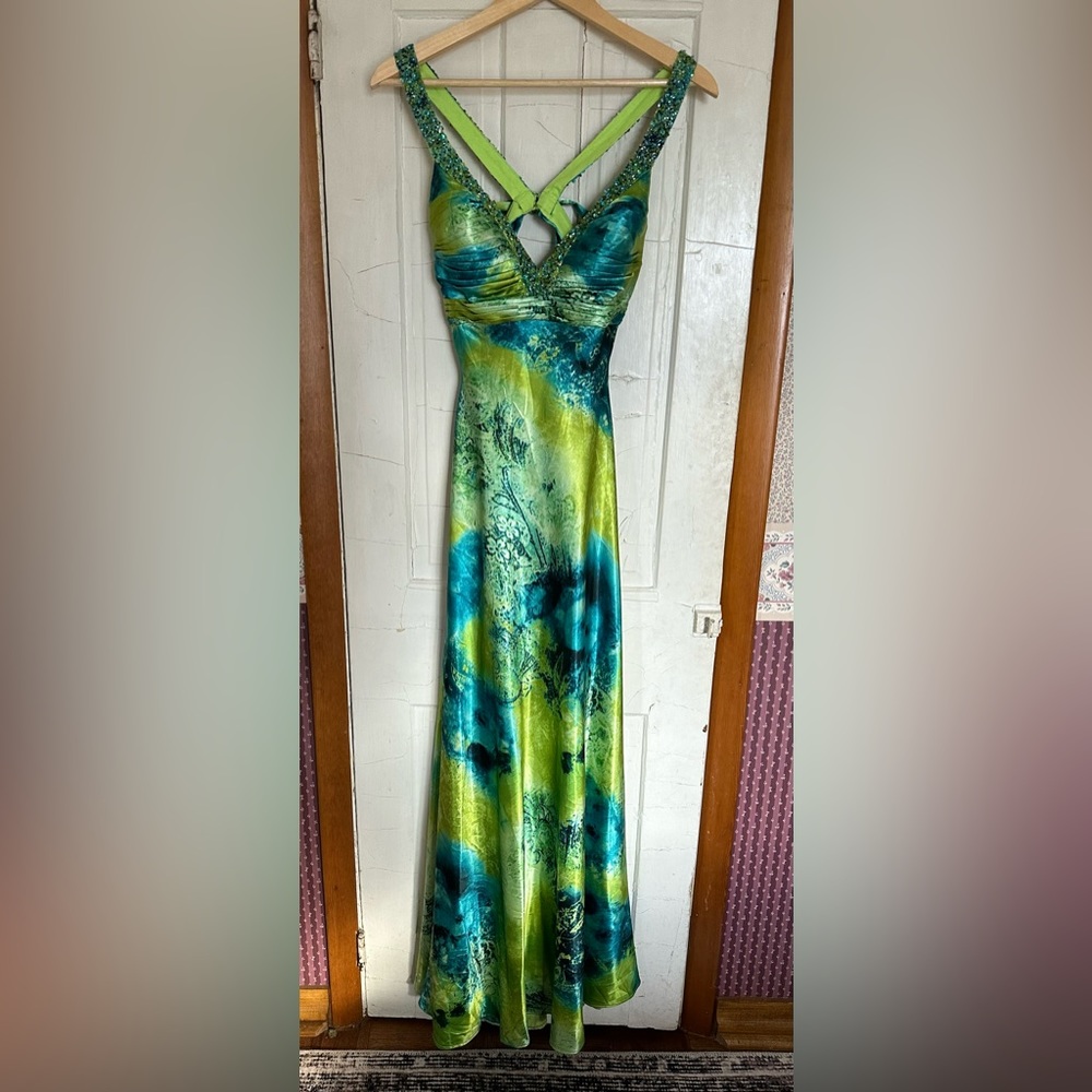 Sexy Y2K Faviana Couture sz 8 low back halter ruched prom dress 💙💚